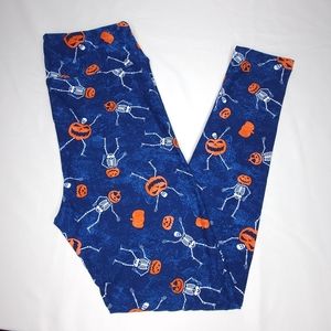 LuLaRoe Leggings Women's One Size 2-10 Halloween Pumpkins Skeletons Blue